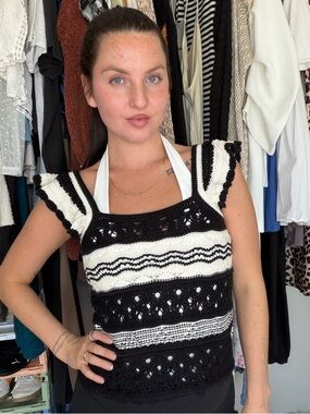 LOFT Black and Cream Crochet Tank